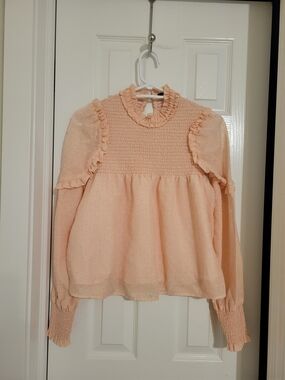 ICONIc Pinky Peach Smocked Ruffle Swiss Dot Blouse Size 12 (M)